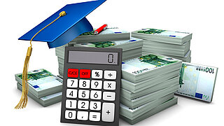 Graduation cap with hundred euro notes and calculator.