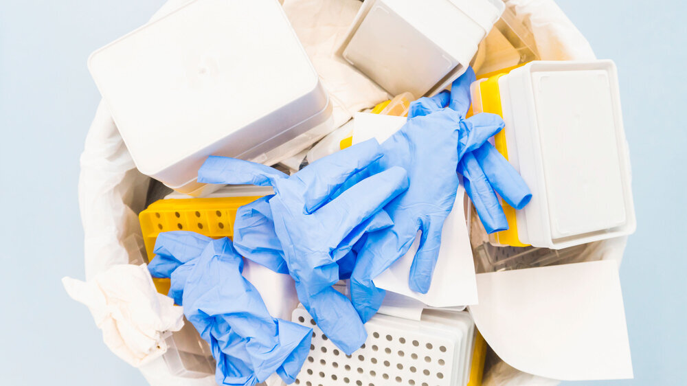 Danger laboratory chemical and medical waste. Plastic waste and ecology
