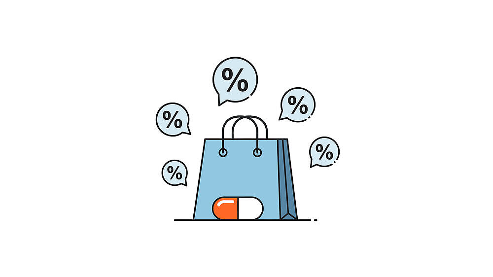 Healthcare shopping bag with discount percentage bubbles and capsule