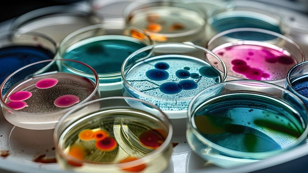 Bunte Mikroorganismen in Petrischalen sind auf einem Tablett aufeinandergestapelt Bunte Mikroorganismen in Petrischalen sind auf einem Tablett aufeinandergestapelt