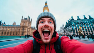 Glücklicher junger Mann vor Big Ben in London