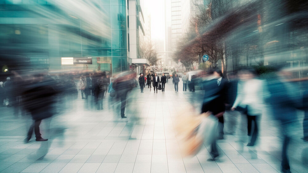 Crowd of people walking in motion in downtown rush hour