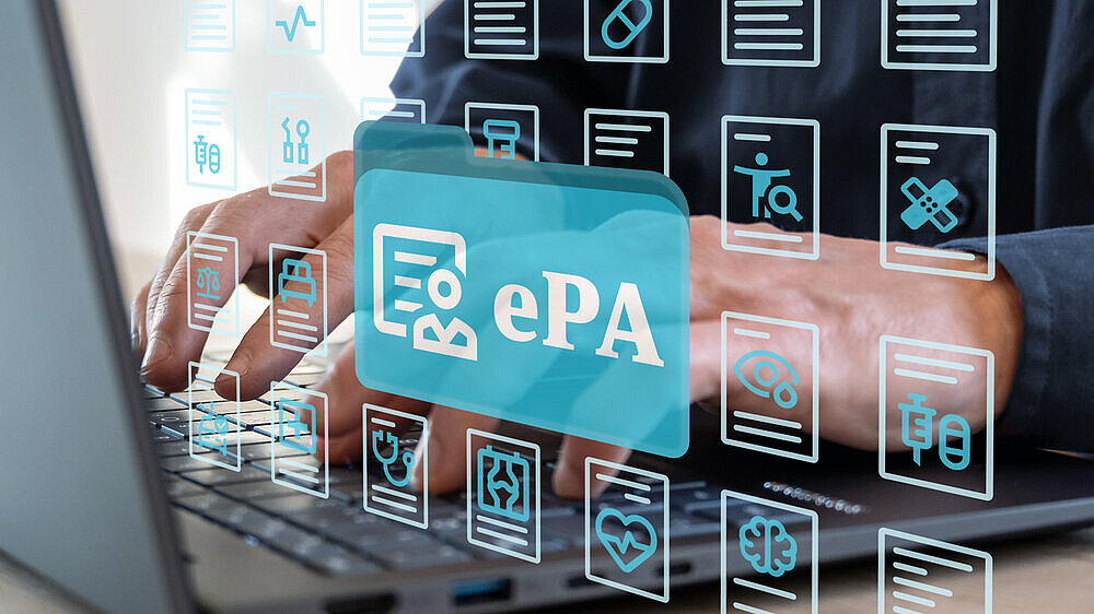 epa laptop foto - elektronische patientenakte als grafik vor notebook mit 3d effekt als header symbolfoto