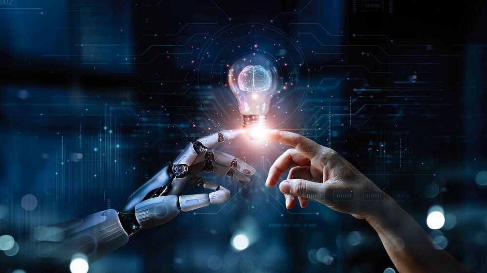 AI, Machine learning, Hands of robot and human touch on big data network, Brain data creative in light bulb, Science and artificial intelligence technology, innovation for futuristic. AI, Machine learning, Hands of robot and human touch on big data network, Brain data creative in light bulb, Science and artificial intelligence technology, innovation for futuristic.