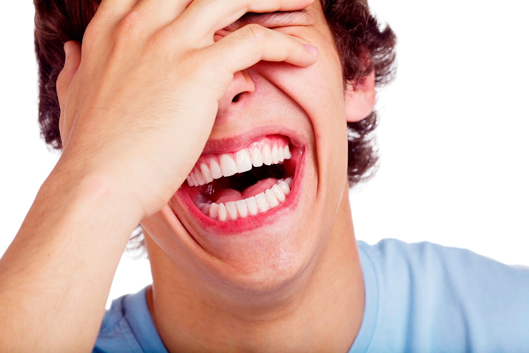 Close up portrait of hard laughing young man. Isolated on white background, mask included