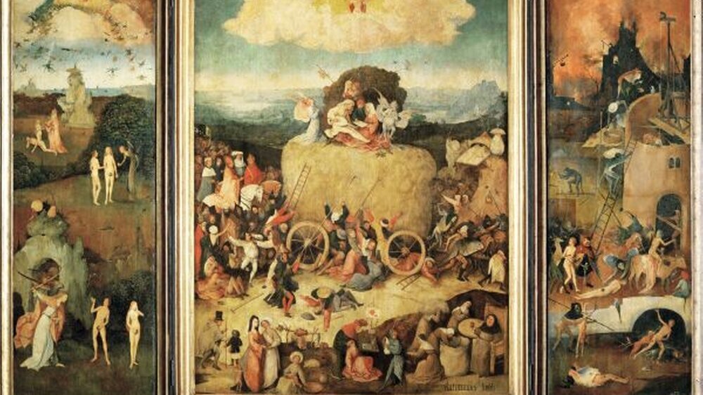 Abbildung 1: Eine der frühesten Darstellungen einer Zahnbehandlung ist versteckt (siehe Ausschnitt) im Tryptichon „Der Heuwagen“, um 1490, von Hieronymus Bosch, Prado, Madrid. | Abbildung 1: Eine der frühesten Darstellungen einer Zahnbehandlung ist versteckt (siehe Ausschnitt) im Tryptichon „Der Heuwagen“, um 1490, von Hieronymus Bosch, Prado, Madrid. |