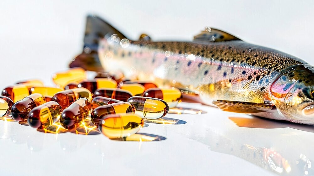 Fresh Fish and Fish Oil Capsules representing natural omega-3 supplements and a healthy diet.