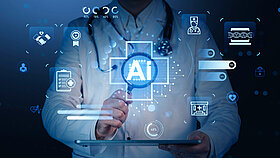 Doctor interacting with glowing AI hologram icons related to healthcare and medical technology, futuristic style on a blue background, concept of tech