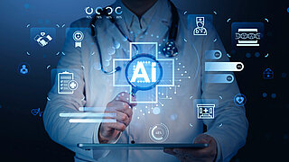 Doctor interacting with glowing AI hologram icons related to healthcare and medical technology, futuristic style on a blue background, concept of tech