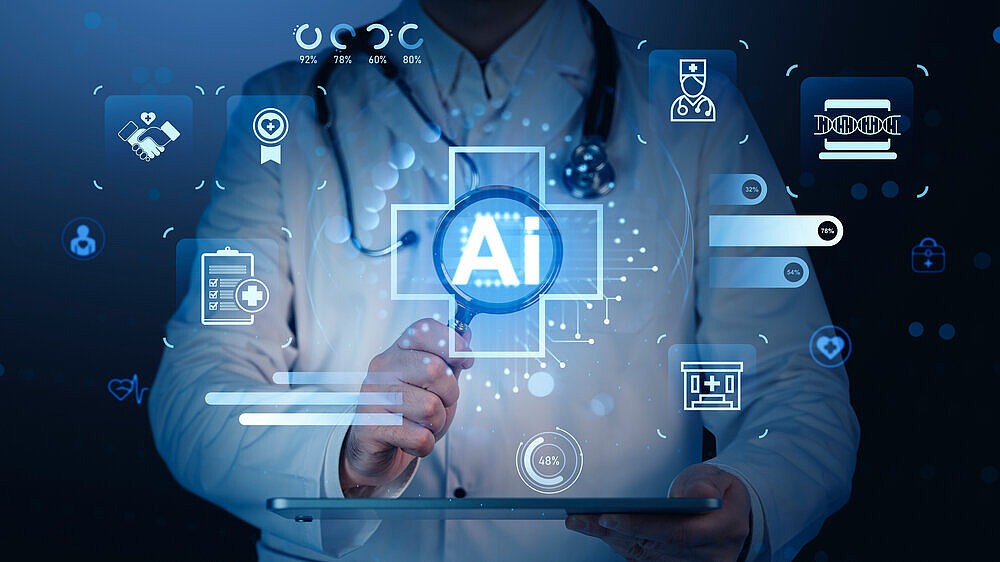 Futuristic doctor using AI hologram interface for healthcare technology innovation and digital medical data analysis concept on blue background. Doctor interacting with glowing AI hologram icons related to healthcare and medical technology, futuristic style on a blue background, concept of tech