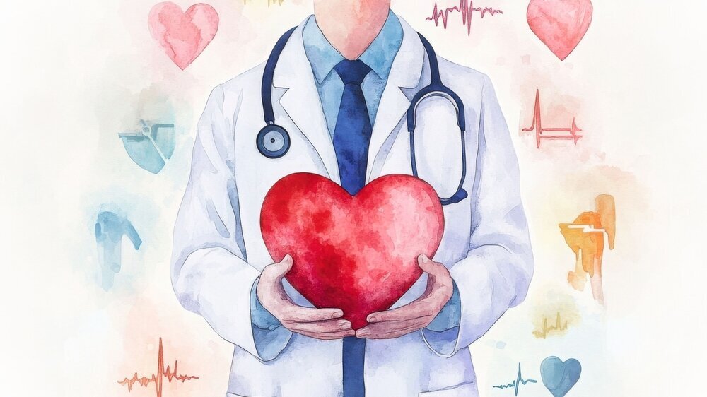 Watercolor imagery of a doctor holding a heart, surrounded by light and bright medical icons, emphasizing heart disease prevention through medical care