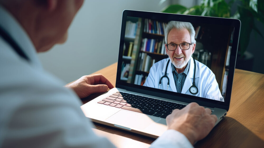 Ein Patient hält eine Videokonferenz von zu Hause aus mit seinem Arzt über den Laptop. Diagnostik und Therapie mit Telemedizin im Gesundheitswesen. Virtuelle Arztsprechstunde Arzt berät Patient in Videosprechstunde