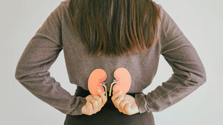 Eine Frau zeigt den Rücken und hält in ihren Händen zwei Nieren als Symbol für Organspende-Bereitschaft.