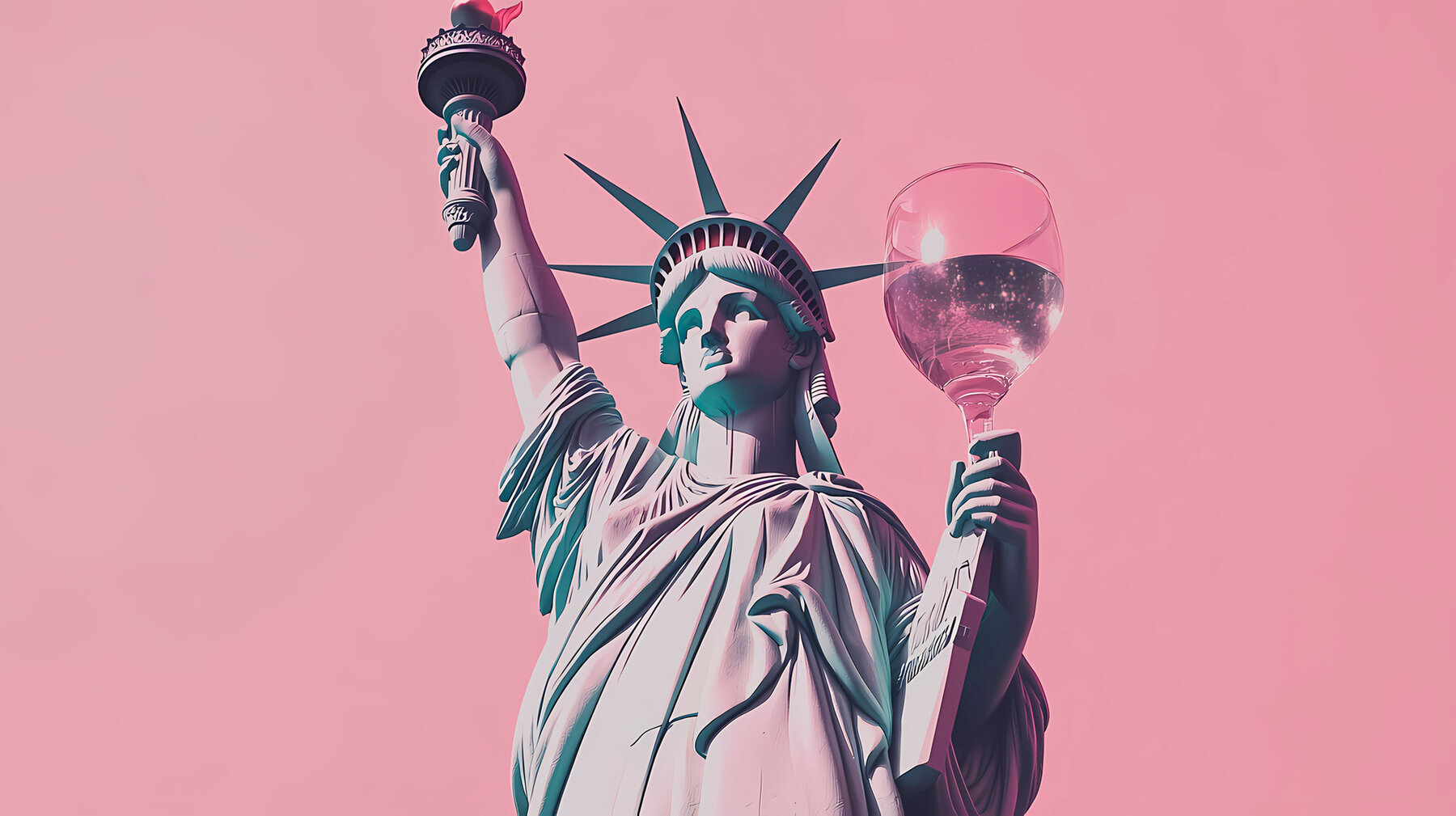 Statue of Liberty with wine glasses. Freiheitsstatue mit Glas