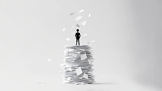 A mountain of office paper symbolizes bureaucracy and swallows a businessman. Bureaucracy dismantle - danger concept.