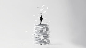 A mountain of office paper symbolizes bureaucracy and swallows a businessman. Bureaucracy dismantle - danger concept.
