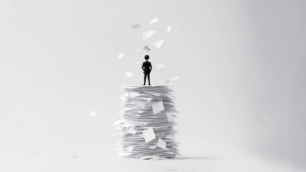 A mountain of office paper symbolizes bureaucracy and swallows a businessman. Bureaucracy dismantle - danger concept. A mountain of office paper symbolizes bureaucracy and swallows a businessman. Bureaucracy dismantle - danger concept.