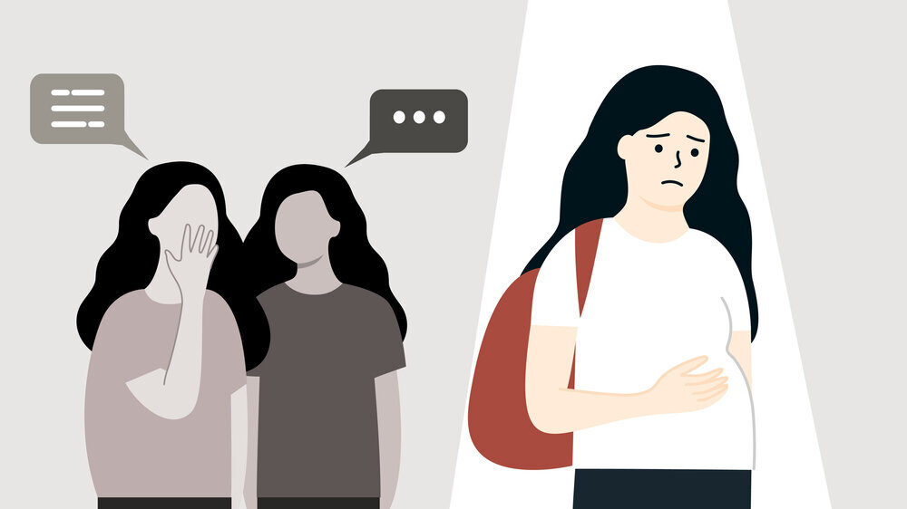 Pregnant teenage girl being bullied at school. Mental health, Depression, stress, Unintended pregnancy, public disapproval, abortion concept. Flat cartoon people vector illustration. Diskriminierung