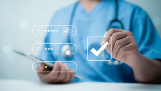 Doctor evaluating healthcare service ratings and patient feedback, representing trust and quality assessment in medical services. Enhancing patient satisfaction and digital healthcare experience