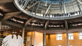 BERLIN, GERMANY - SEPTEMBER 20, 2017: Interior of Plenary Hall (meeting room) of German Parliament (Deutscher Bundestag). Building and Meeting room available for public between plenary sessions
