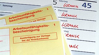 Arbeitsunfähigkeitsbescheinigung, Krankmeldung, Arbeitsunfähigkeit, Krankheit, Arzt, Doktor, Vorlage, Arbeitgeber, Krankenkasse, Kalender, krank, gesund, Genesung, Grippe, Fehlzeiten, gelber Urlaubsschein, Bescheinigung, Attest, Hamburg, Januar 2013, Bild Nr.: N42375