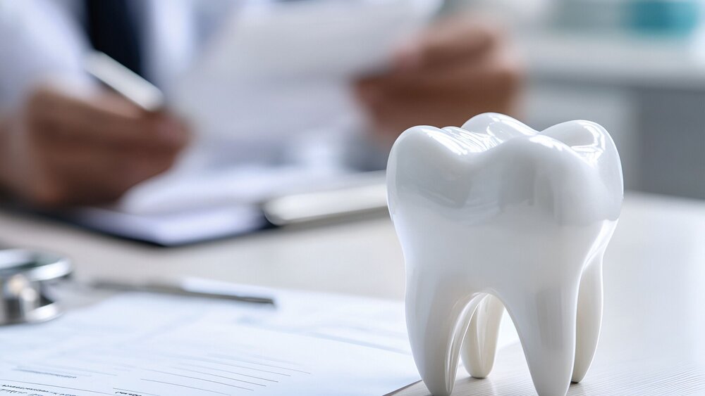 A mock-up of a tooth on the doctor's desk in the dentist's office.