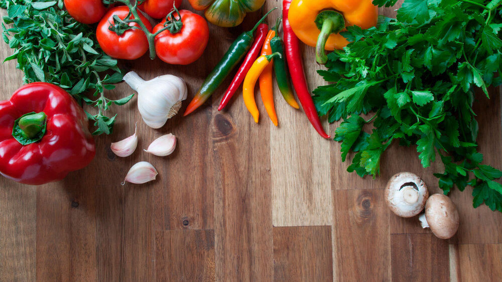 Still life with vegetables, herbs and spices for Italian food