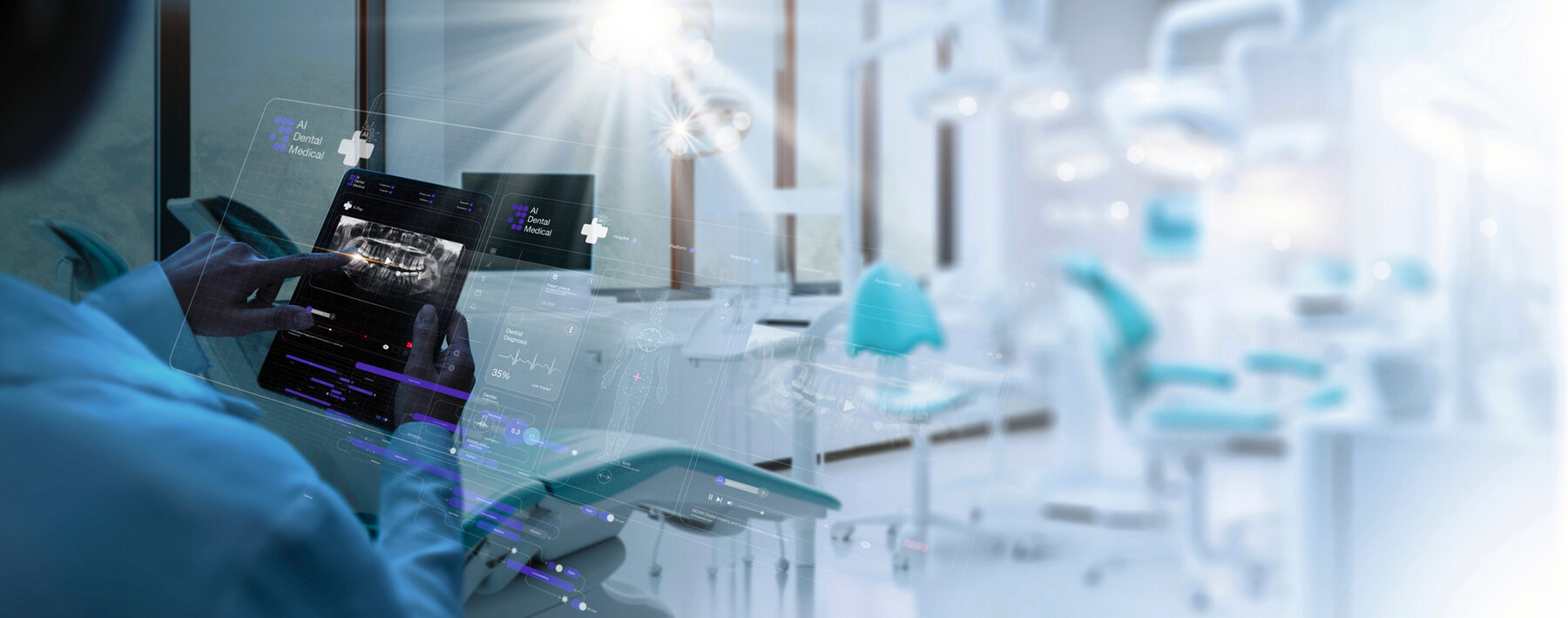 Dentist interacting with patient, use VR computer filling out charts schedule management for treatment with Ai technology for innovate different treatments,dental practices specifically.