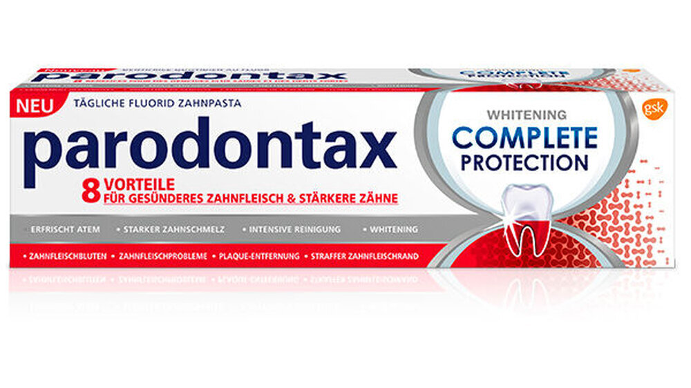 Die neue, seit Februar 2020 erhältliche parodontax COMPLETE PROTECTION Whitening von GSK sorgt für starke Zähne und gesundes Zahnfleisch. Außerdem beinhaltet sie einen Whitening-Effekt.