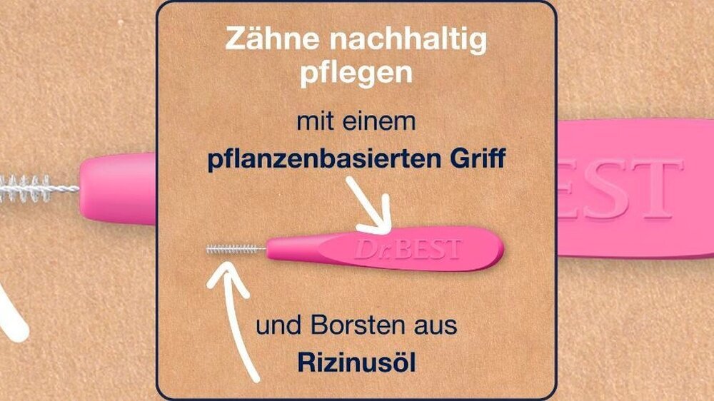 Diseño sin título - 2 Zähne nachhaltig pflegen – Die Dr.BEST Interdentalbürsten besitzen einen pflanzenbasierten Griff und Borsten aus Rizinusöl.