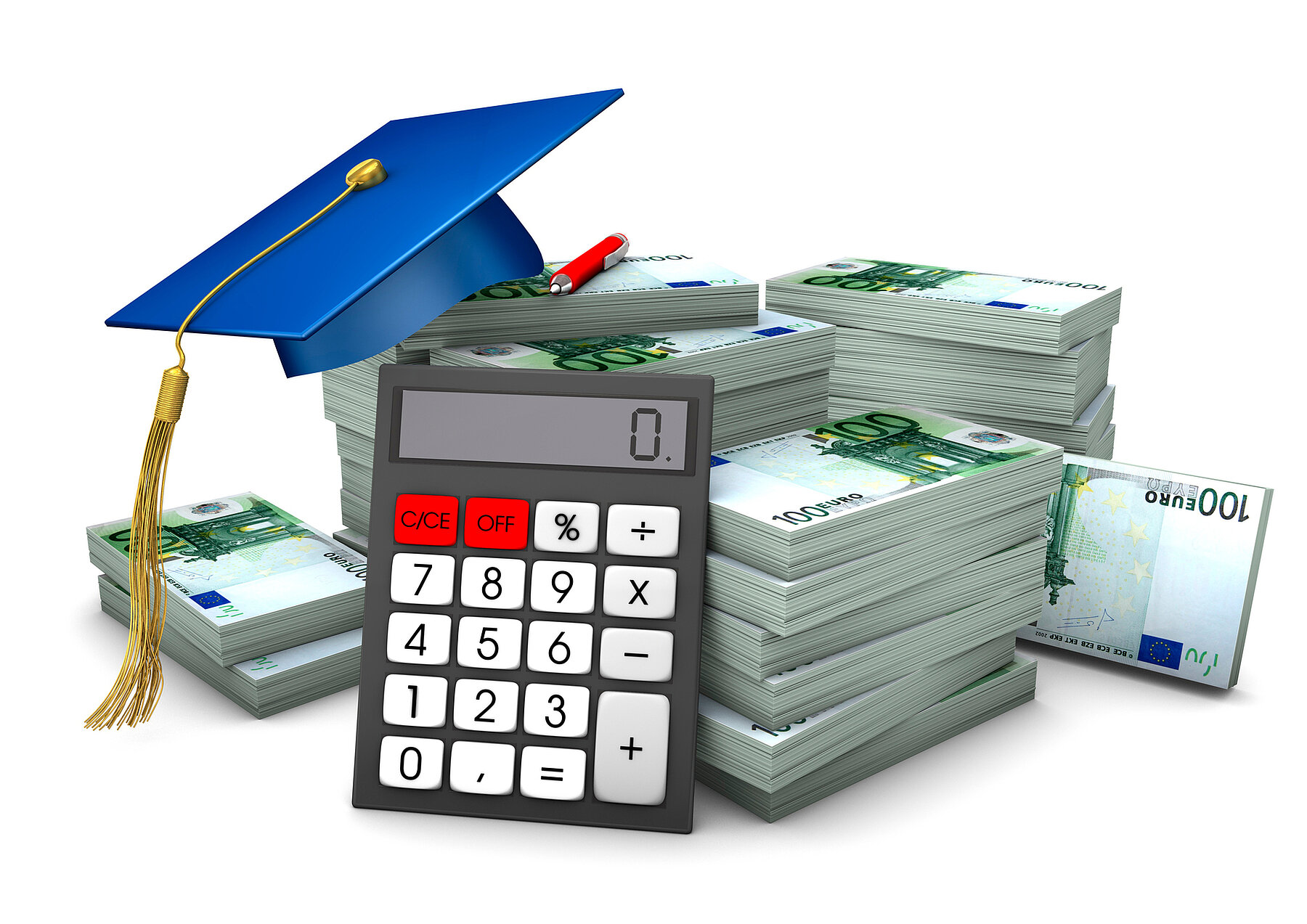 Graduation cap with hundred euro notes and calculator.