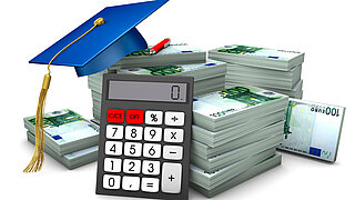 Graduation cap with hundred euro notes and calculator.