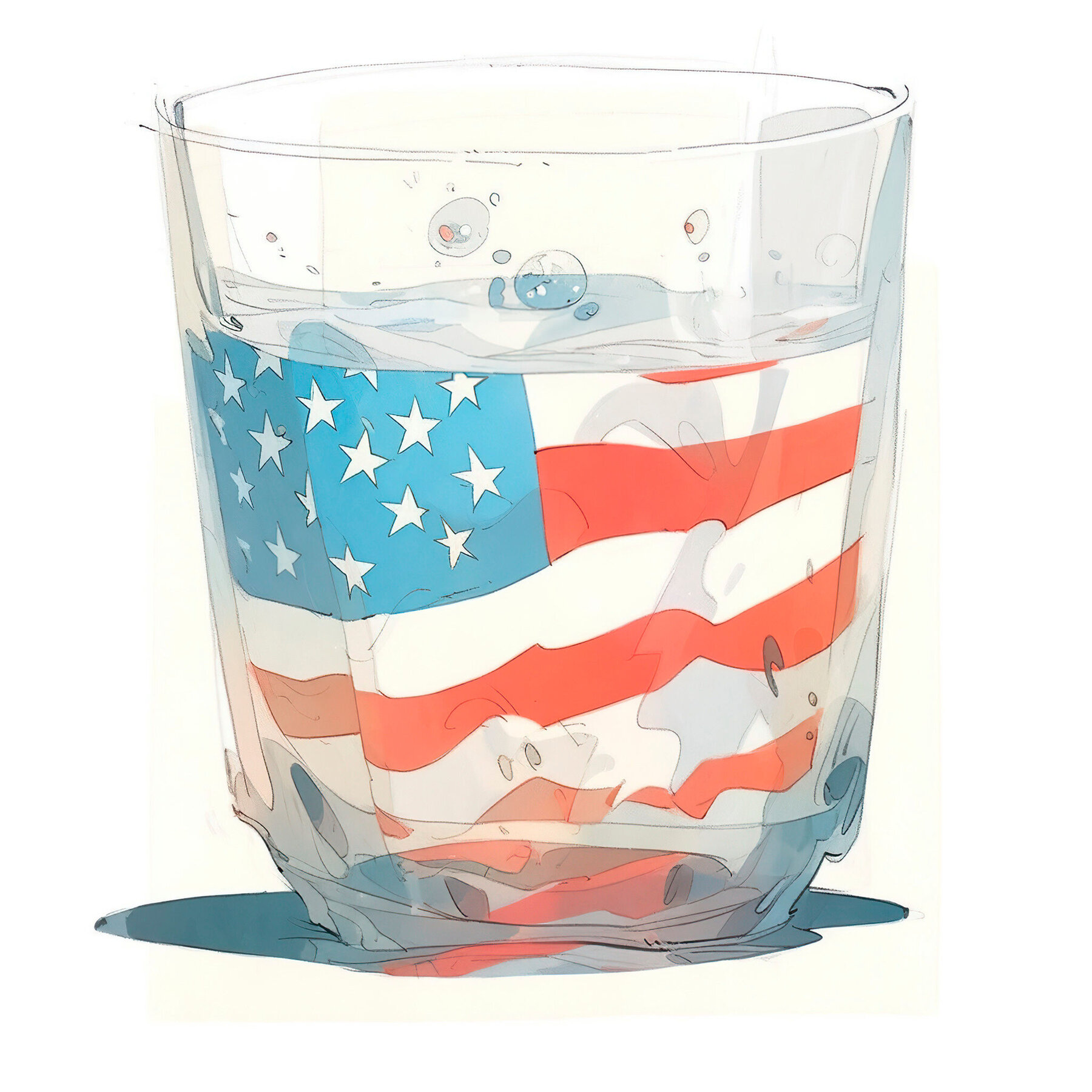 US-Flagge reflektiert in einem Wasserglas