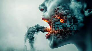 Amidst a thick haze, a woman's expressive face releases dark smoke, symbolizing the destructive impact of urban pollution on our world and health.