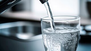 Trinkwasser fließt aus dem Wasserhahn in ein Glas.