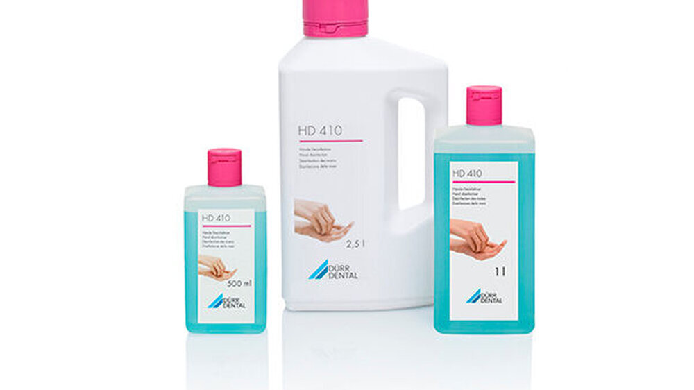 Die Dürr Dental HD-Serie beinhaltet die parfümfreie HD 410 Händedesinfektion mit rückfettenden Komponenten oder die für Allergiker geeignete parfüm- und farbstofffreie Händedesinfektion HD 412 essential sowie die milde Waschlotion HD 435 und die wo