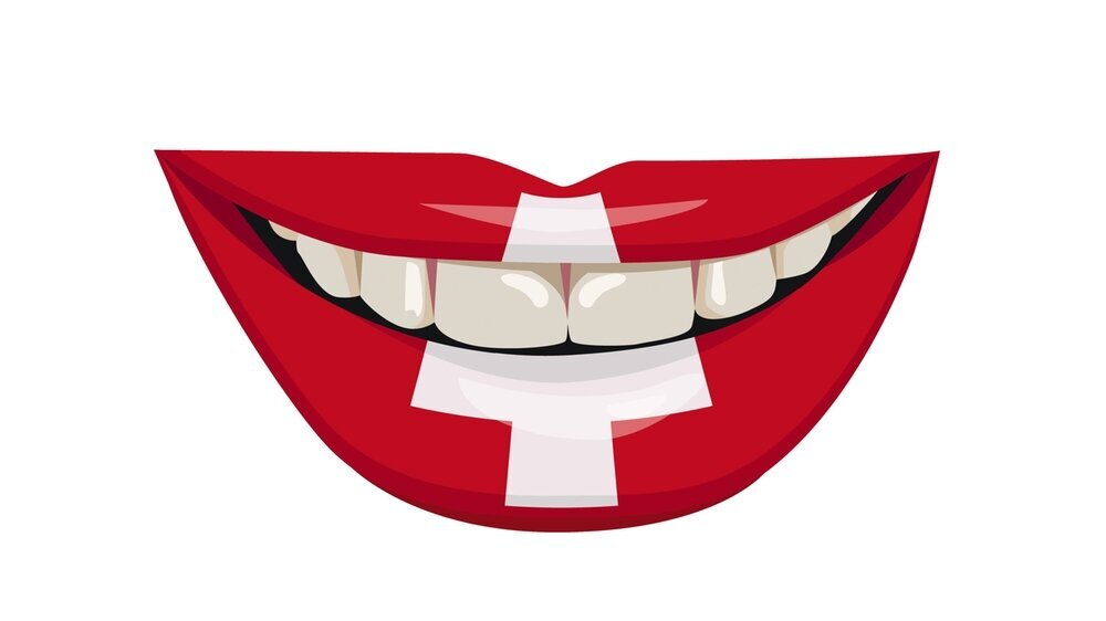 The flag of Switzerland on the lips. A woman's smile with white teeth. Vector illustration Mund Schweiz