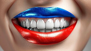 Smiling Lips with Red and Blue Lipstick Close-Up. Generative ai. High quality illustration