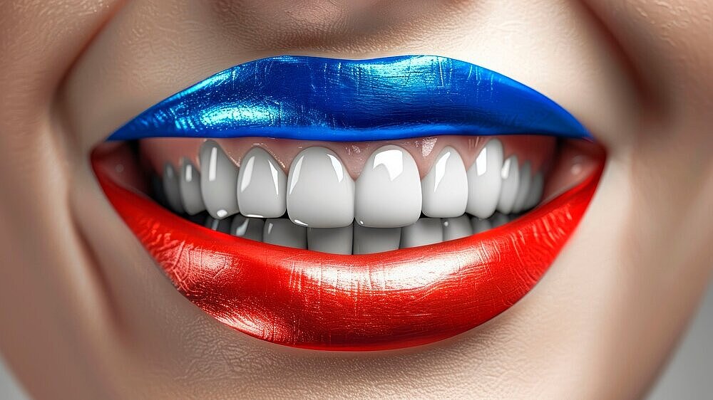Smiling Lips with Red and Blue Lipstick Close-Up. Generative ai. High quality illustration