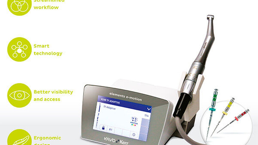 KaVo Kerr präsentiert den neuen Endodontie-Motor KaVo Kerr elements e-motion mit verbesserter Adaptive-Motion-Bewegung.