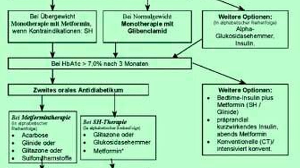 Stufenplan der medikamentösen Therapie des Typ 2 Diabetes. * Die Kombination von Sulfonylharnstoffen und Metformin wird zurzeit häufig angewendet. Neuere Studien ergaben Hinweise auf negative kardiovaskuläre Auswirkungen dieser Kombinationstherapie.