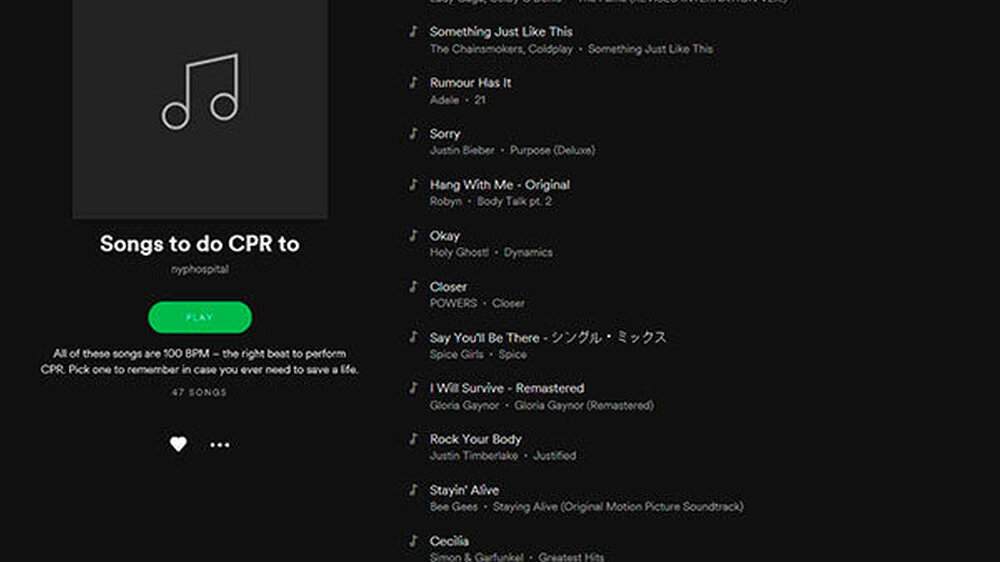 Die Liste enthält 47 Songs mit 100 BPM ("beats per minute"). Jeder Track besteht aus der optimalen Beat-to-Time-CPR-Kompression, sodass 100 Thoraxkompressionen pro Minute durchgeführt werden.