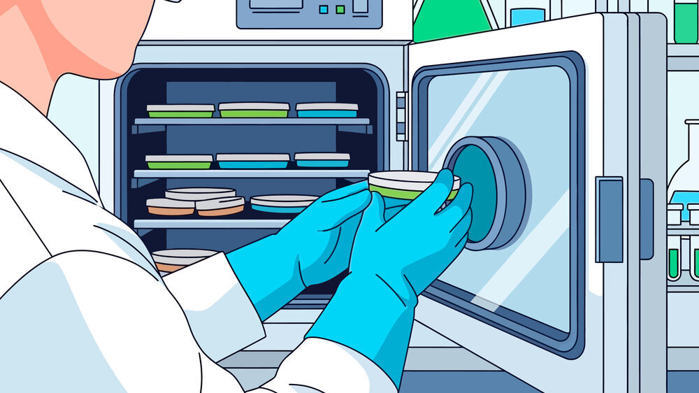 Scientist in lab coat carefully places petri dish into laboratory equipment