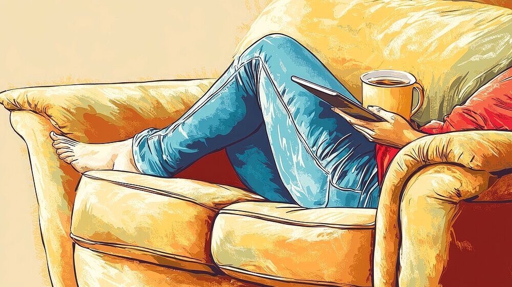 Cozy Indoor Relaxation with Coffee and Tablet on Yellow Couch A serene moment of relaxation shows a person lounging on a yellow couch, enjoying coffee and using a tablet. The atmosphere is warm and inviting, perfect for leisure time.