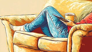 A serene moment of relaxation shows a person lounging on a yellow couch, enjoying coffee and using a tablet. The atmosphere is warm and inviting, perfect for leisure time.