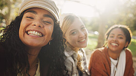 Group, happy and friends to selfie outdoor on school break, bonding and social media post in summer. Smile, people and students with photography for profile picture update, reunion memory and park.