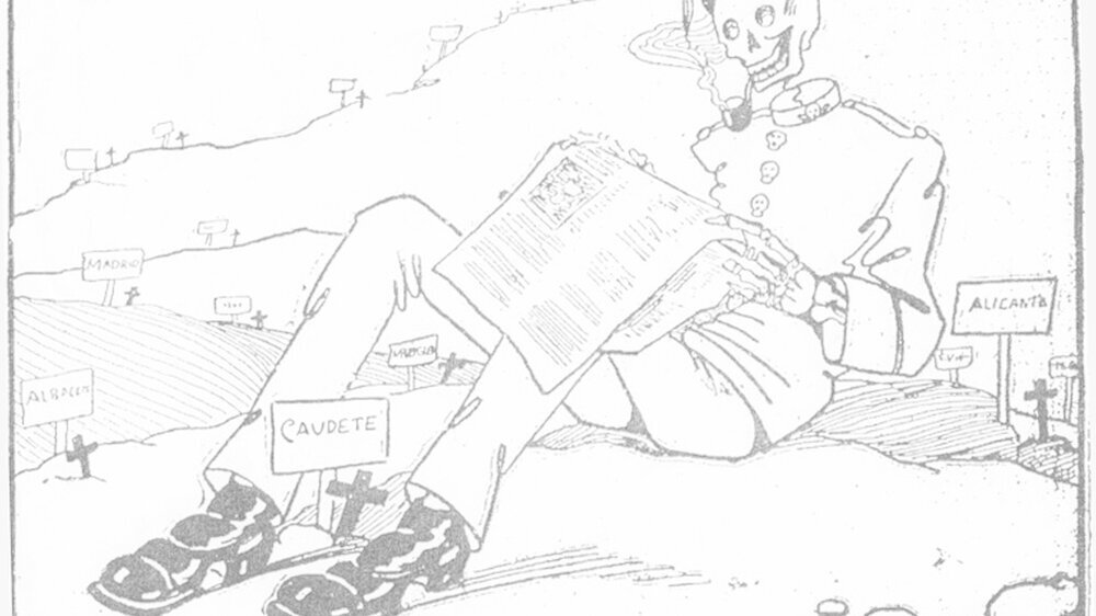 Satirische Darstellung aus der spanischen Zeitung El Fígaro Ende September 1918: der Soldado de Nápoles liest in der Zeitung vom gutartigen Charakter der Krankheit und gleichzeitig, dass der Platz auf den Friedhöfen ausgeht.