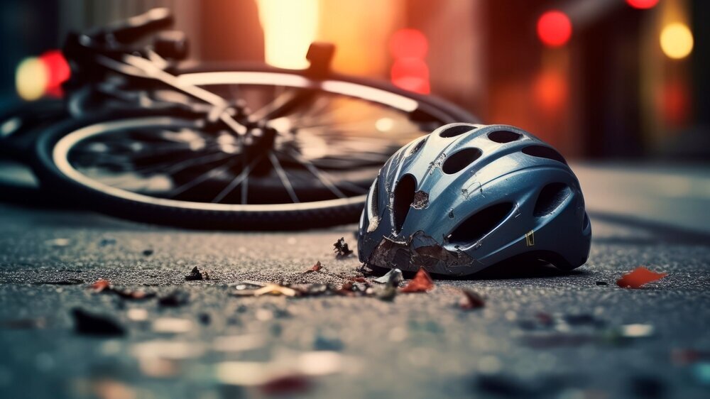 Urban scene with a bike crash road accident lying on the ground, with broken bike and helmet in the middle of the city. Bike crash road accident . Generative AI E-Bike Unfall