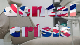 British dental crisis, British Flag merged into words dental crisis projected on top of dentist chair