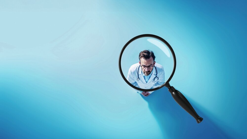 un médecin vu au travers d'une loupe pour illustrer le concept de désert médical et de difficulté à trouver un médecin Arztsuche